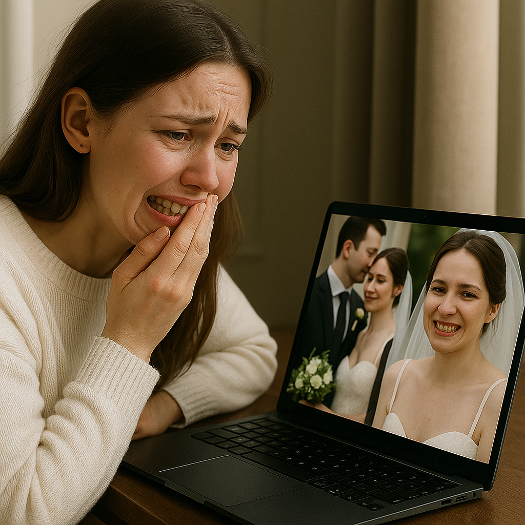Bride looking sadly at wedding photos